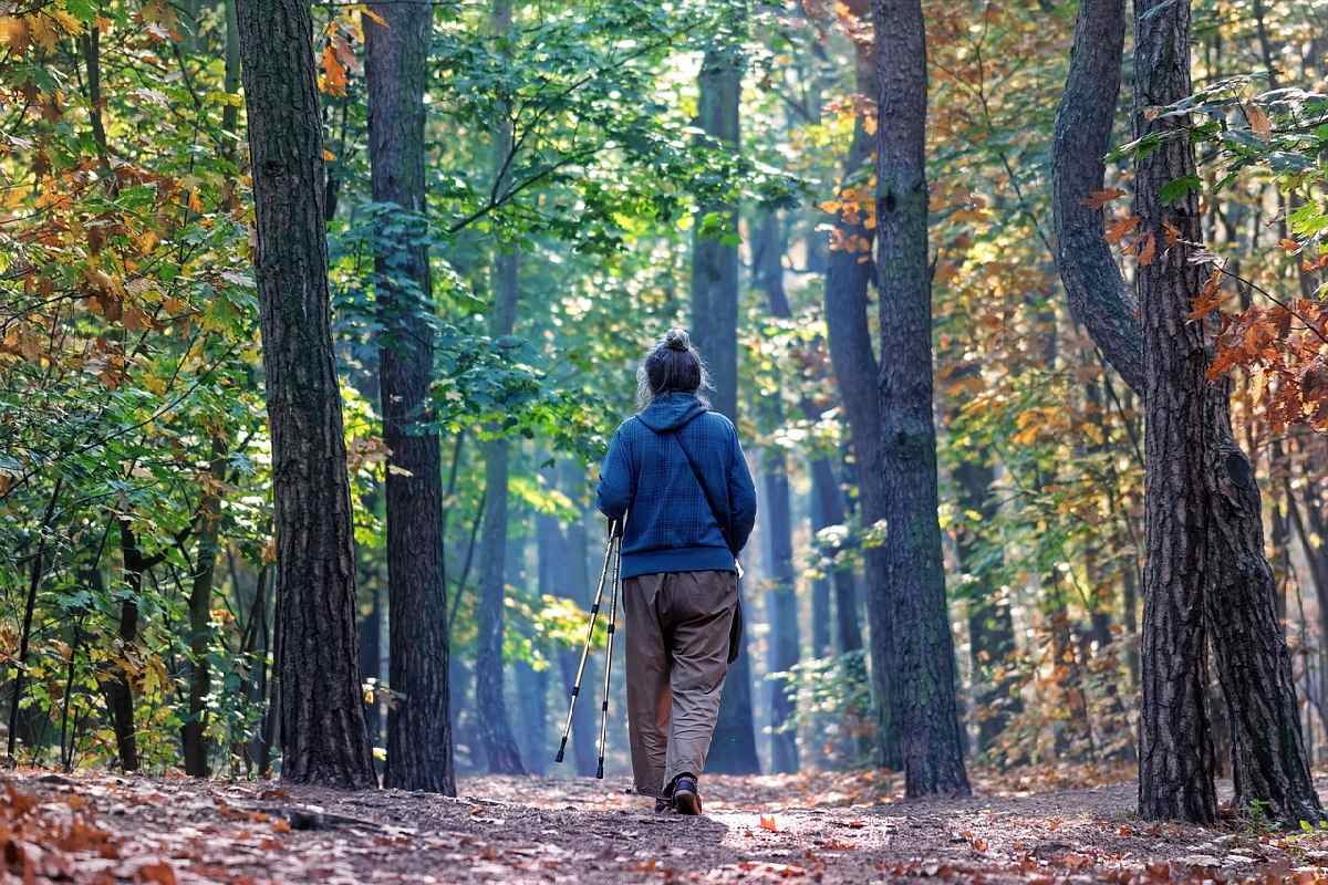 Una donna intenta a fare trekking in autunno